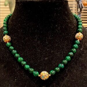 Malachite and Cloisonné Beaded Necklace. Beautiful Piece. Heavy
